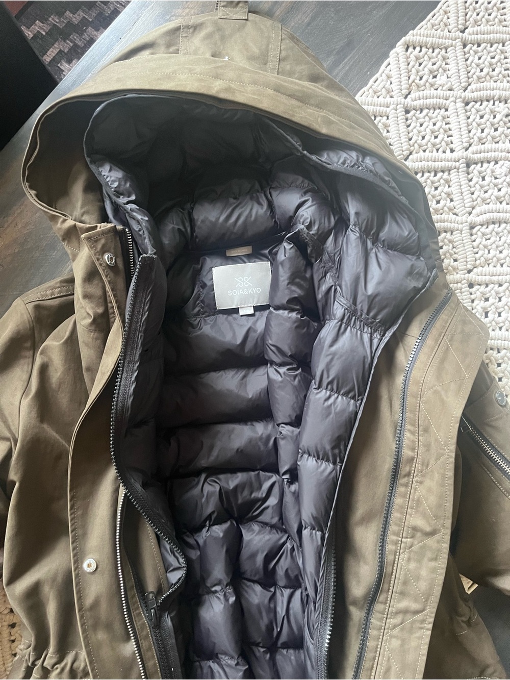 SOIA & KYO Elloise 3 in 1 Hooded Parka Jacket in Army Size S Like New